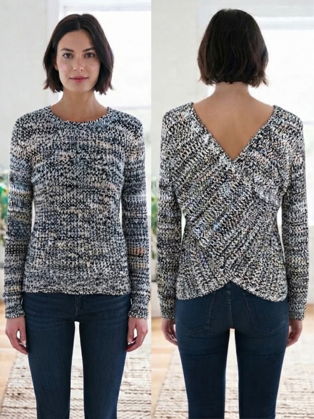 DEREK LAM 10 CROSBY Black White Marled Crisscross Back Knit Crewneck Sweater XS